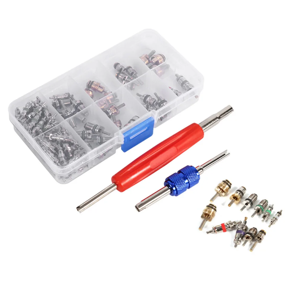 

100PCS Valve Core +2pcs Valve Core Remover Tool Set Assortment A/C R134a/R12 Refrigeration Tire Valve Stem Cores Tool Kit