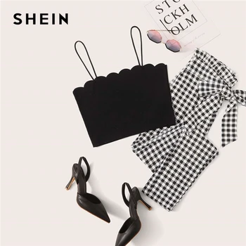 

SHEIN Scallop Trim Cami and Paperbag Waist Belted Gingham Carrot Pants Set Women 2020 Summer Sleeveless Casual Two Piece Sets