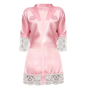 

With Belt халат женский Satin Bathrobe Women Lace Robes For Women Dressing Gown Pink Sleepwear халаты женские szlafrok damski