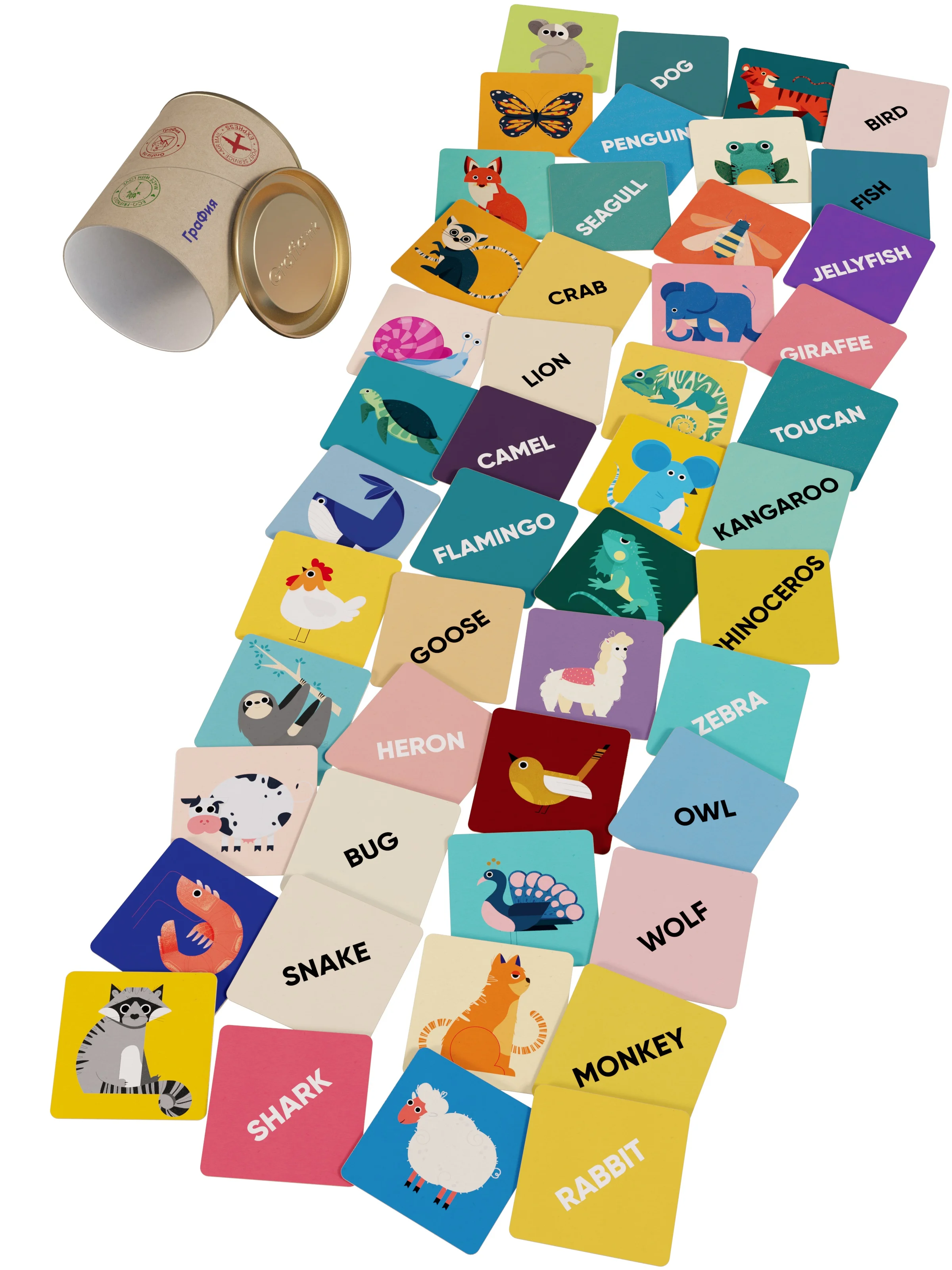 Learning Flashcards English for Children Grafia.ink Preschool Education Study Reading Eng Words Zoo Animals 48pc Cards in cardboard tube-box |