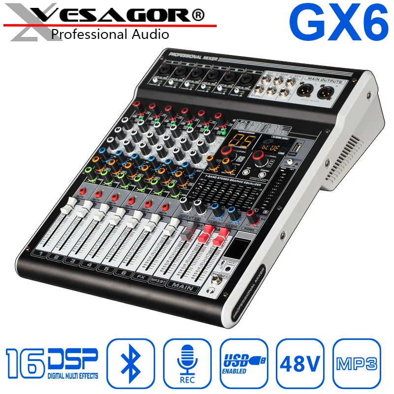 Mixer Audio DJ Audio USB Mixer GX6 6ch Reverb 16DSP 48V Phantom Digital Display Bluetooth PC Interface Recording Mixing Console
Mixer Audio DJ Audio USB Mixer GX6 6ch Reverb 16DSP 48V Phantom Digital Display Bluetooth PC Interface Recording Mixing Console