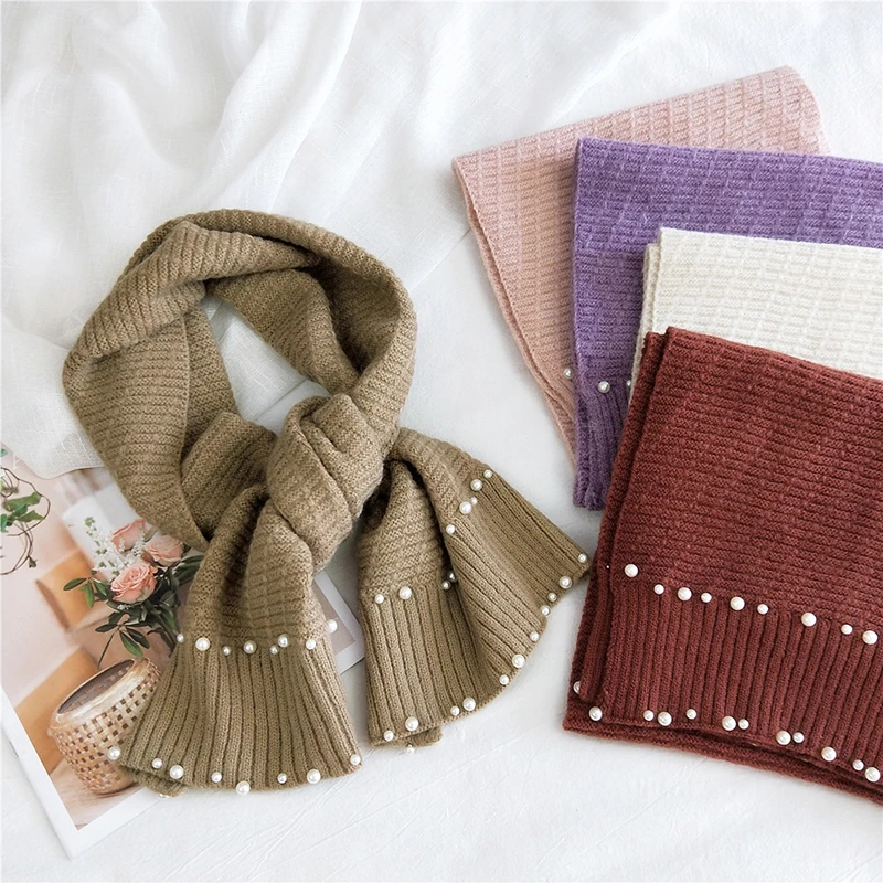 

Women Winter Scarves Knitted Scarf Double-Row Pearls Pure Color Female Shawls Soft Warm Long Scarves Neck Warmer Thick Scarf New