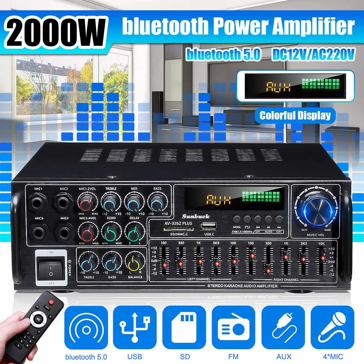 Фото 2000 Вт домашний автомобильный стереоусилитель bluetooth объемный звук USB SD AMP FM AUX 4