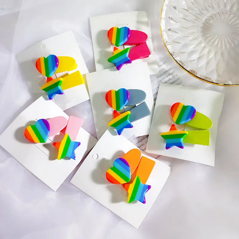 2pcs/set Rainbow Color Heart Star Acrylic Hairpin Korea Fashion Colorful Stripe Hair Clips for Women Girls Hair Accessories
2pcs/set Rainbow Color Heart Star Acrylic Hairpin Korea Fashion Colorful Stripe Hair Clips for Women Girls Hair Accessories