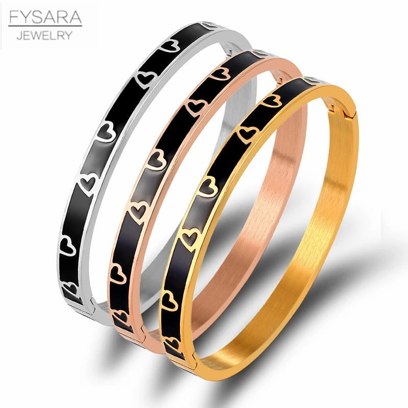 FYSARA Vintage Black Enamel Bangles & Bracelets For Women Gold Heart With Resin Stainless Steel Jewelry Bijoux | Украшения и