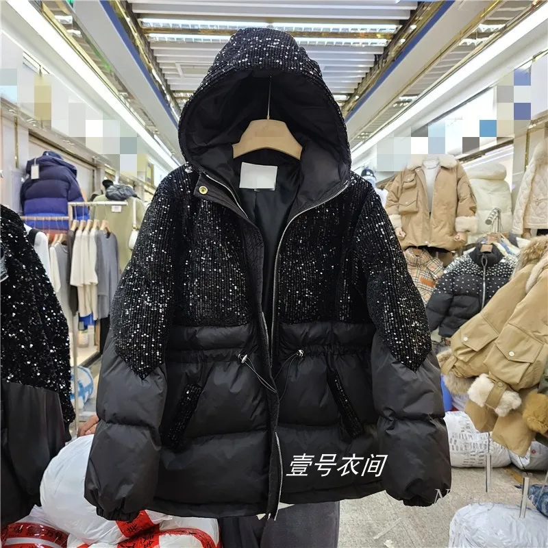 

Glitter Sequined Hooded Parka Women's Drawstring Waist Puffer Winter Jacket 2020 Autumn Female Warm Coat Streetwear Femme Veste