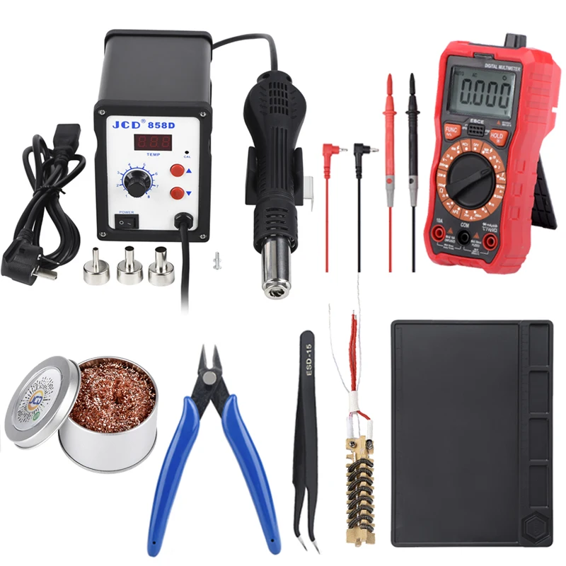 JCD soldering station 858D kits with Digital multimeter 700W soldering iron 220V Adjustable Temperature Welding hot air gun
JCD soldering station 858D kits with Digital multimeter 700W soldering iron 220V Adjustable Temperature Welding hot air gun