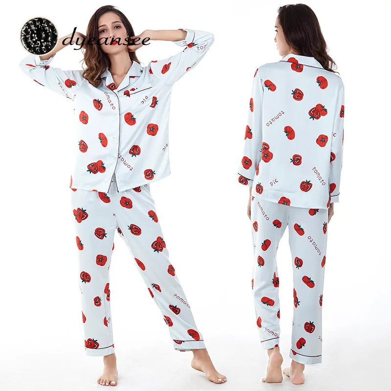 Dyeansee Pajama long sleeve women's cardigan Korean tomato print ice silk two piece household suit
Dyeansee Pajama long sleeve women's cardigan Korean tomato print ice silk two piece household suit