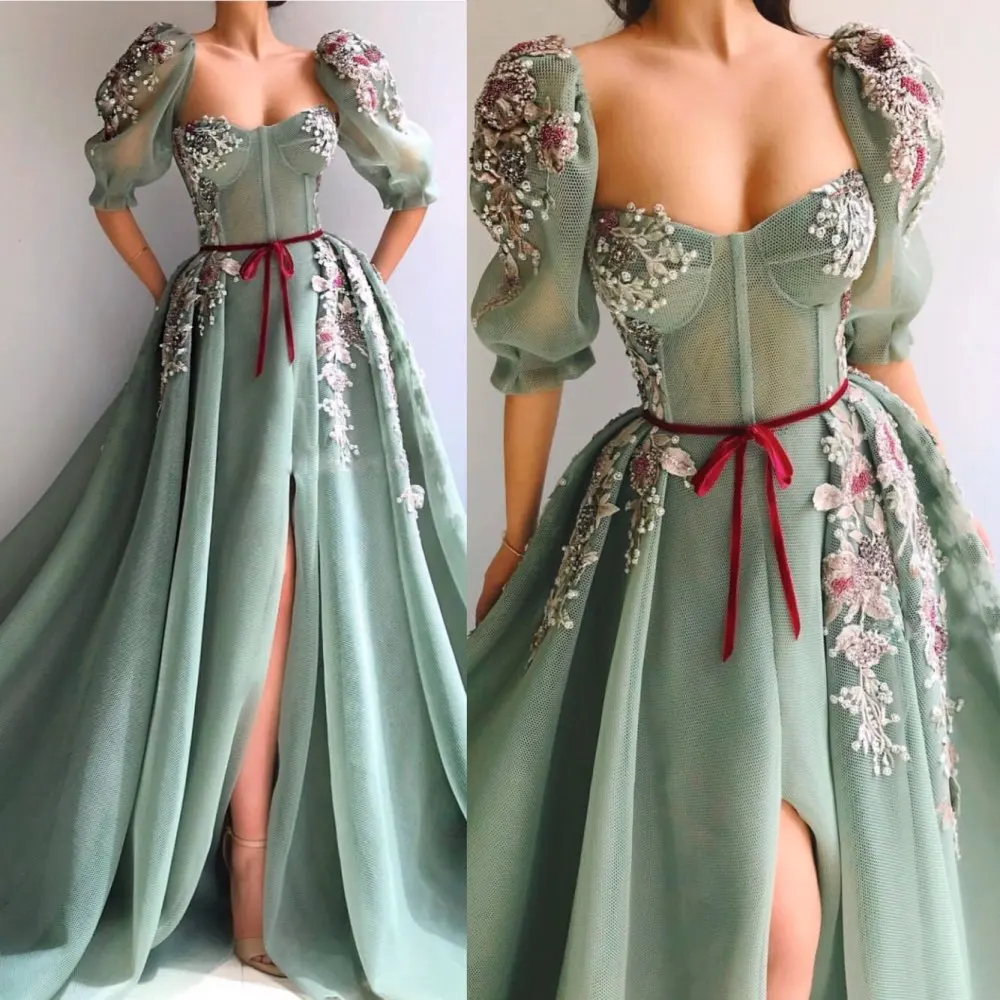 Mint Green Evening Dress 2020 Half Sleeves Sweetheart Neck High Slit Lace Beaded Appliques A-Line Dubai Prom Party Gowns Long
Mint Green Evening Dress 2020 Half Sleeves Sweetheart Neck High Slit Lace Beaded Appliques A-Line Dubai Prom Party Gowns Long