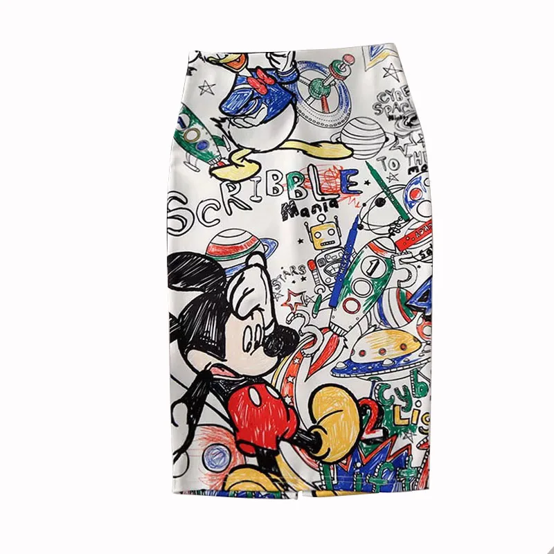 

Women's Pencil skirt 2019 Mickey New Cartoon Mouse Print High Waist Slim Skirts Young Girl Summer Large Size Female Falda