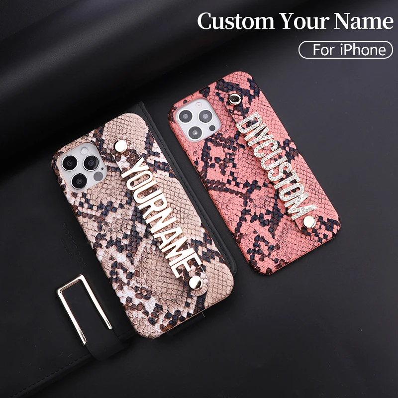 

Snake Skin Leather Personalied Custom Name Phone Case For iphone 12 11 13Pro Max 7 8 Plus X XS XR Diamond Metal Letter Cover