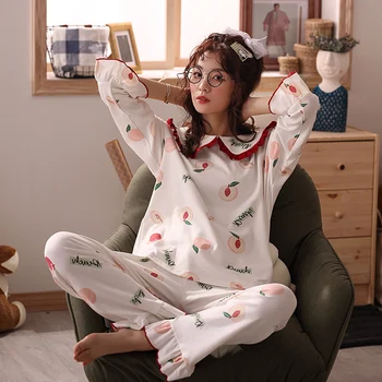 Spring Autumn Women Pajamas Set Cute Cartoon Peach Printed Sleepwear Casual Homewear Cotton Korean Pyjama Long Sleeve+Pants S525
Spring Autumn Women Pajamas Set Cute Cartoon Peach Printed Sleepwear Casual Homewear Cotton Korean Pyjama Long Sleeve+Pants S525
