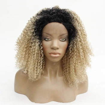 

Ombre Blonde Afro Kinky Curly Lace Front Wig With Black Roots Glueless Synthetic Fiber Hair For Black Women Affordable