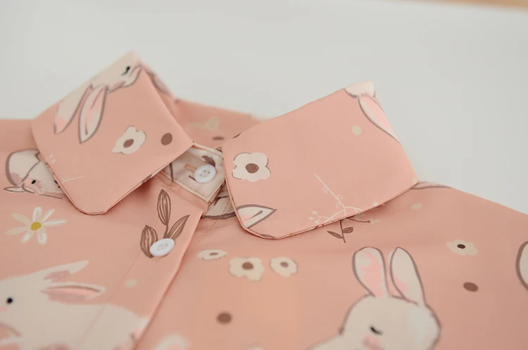 Japanese Soft Girl Style Kawaii Rabbit Printed Tops Teens Sweet Vintage Green Blouses Korean College Cute Loose Chiffon Shirts