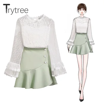 Trytree Autumn Women two piece set Casual Lace Flare Sleeve O-Neck Top + Skirt Culottes Flower Buttons Mini Suit 2 Piece Set 
Trytree Autumn Women two piece set Casual Lace Flare Sleeve O-Neck Top + Skirt Culottes Flower Buttons Mini Suit 2 Piece Set