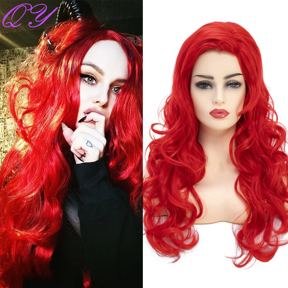 

Long Natural Wavy Wig For Women Red Curly Synthetic Woman Wigs Middle Part High Temperature Fiber Cosplay Or Party Ladies Hair