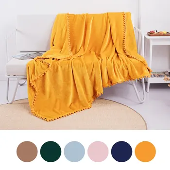 

New Flannel Blanket with Pompom Fringe Lightweight Cozy Bed Blanket Soft Throw Blanket fit Couch Sofa Suitable All Season#