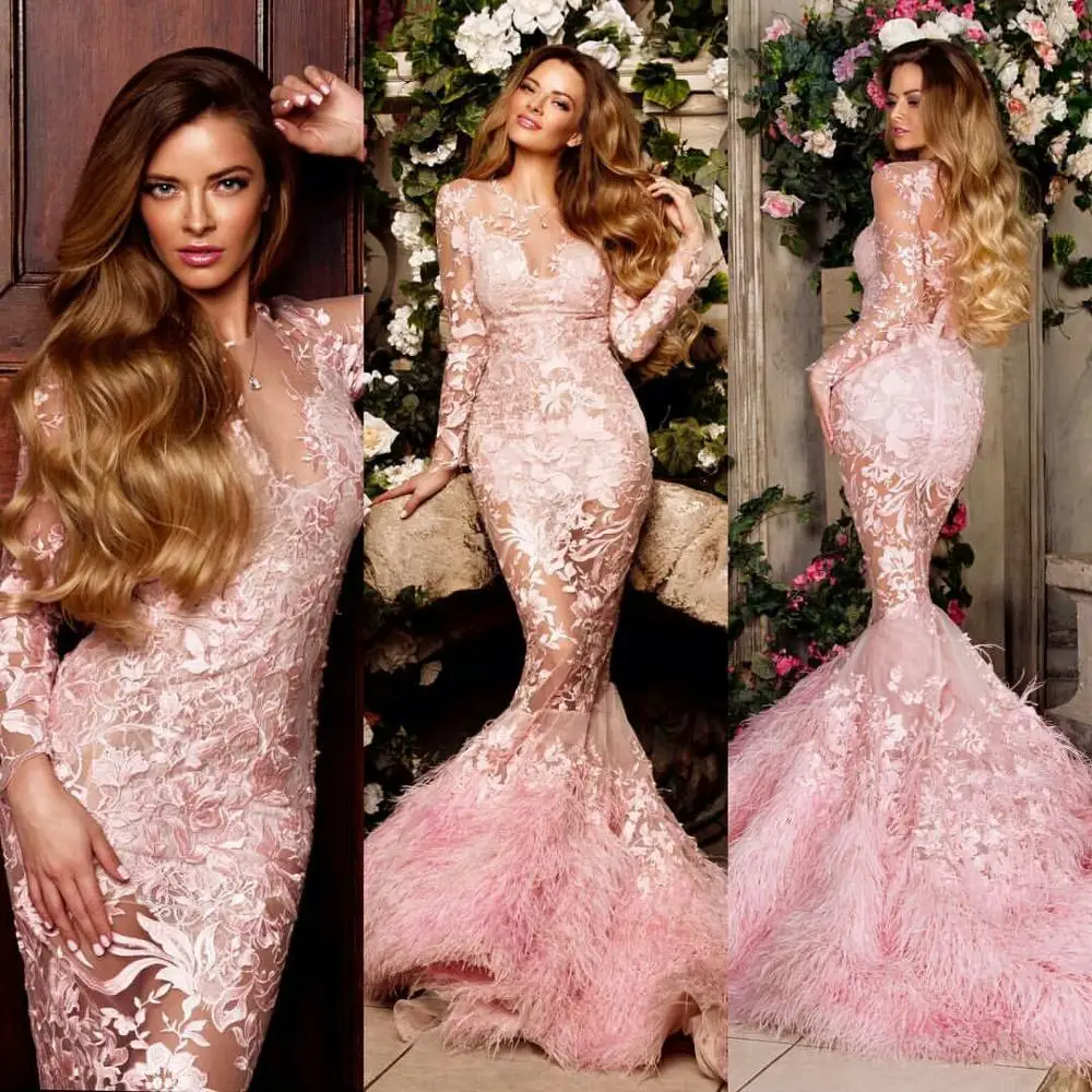 

Luxury Pink Evening Dresses Feather Long Sleeve Appliques Lace Mermaid Prom Dress 2020 Arabic Formal Party Gowns Robes De Soirée