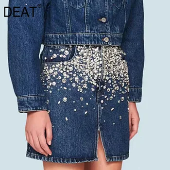 DEAT 2020 New Fashion Spring Vintage Navy Blue Heavy Industry Beaded Diamond Front Split Denim Skirt Women ZA2860 
DEAT 2020 New Fashion Spring Vintage Navy Blue Heavy Industry Beaded Diamond Front Split Denim Skirt Women ZA2860