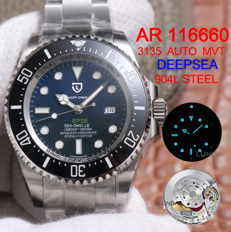 

LUNDA Design Best Edition AR V2 904L Steel 44mm Sea-Dweller Black Ceramic Bezel Deep Blue Dial Eta Cal 3135 Automatic Mens Watch
