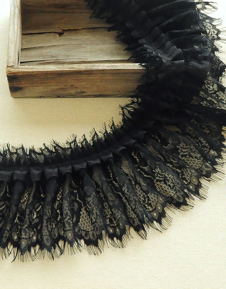 Description Picture 6 of item15CM Wide Black Organza Eyelash Fringed Lace Ruffle Trim Ribbon Women Dress Collar Skirts Splicing Material Sewing Tassel Decor