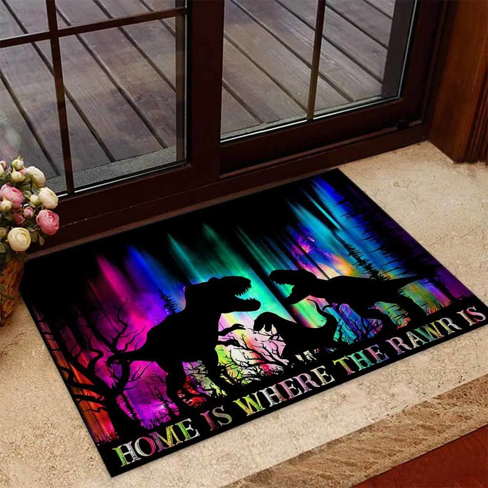 

CLOOCL Home Is Where The Rawr Is Doormat Decor 3D Print Dinosaur Absorbent Doormat Non-Slip Soft Flannel Carpet Hallway Bedroom