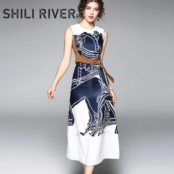 New summer designer vest long dress for women a line sleeveless slim casual elegant print O neck dresses with belt vintage white
New summer designer vest long dress for women a line sleeveless slim casual elegant print O neck dresses with belt vintage white