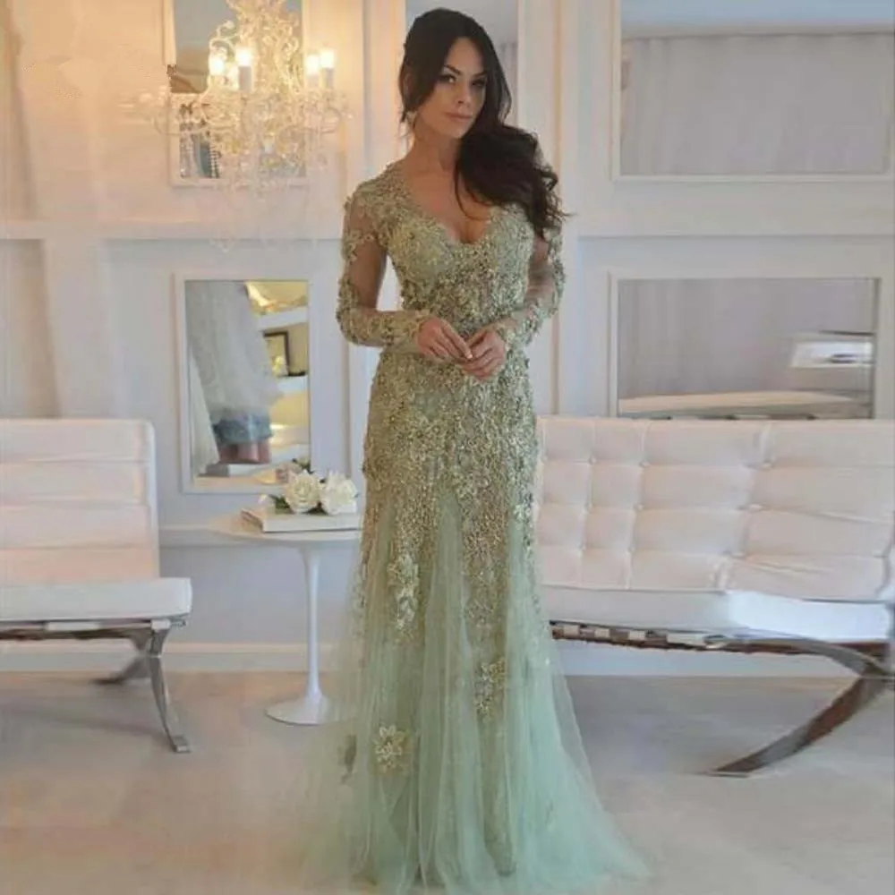 Elegant-Mint-Green-2019-Lace-Mermaid-Evening-Dresses-With-Full-Sleeves-Beaded-Appliques-Tulle-Vintage-Long