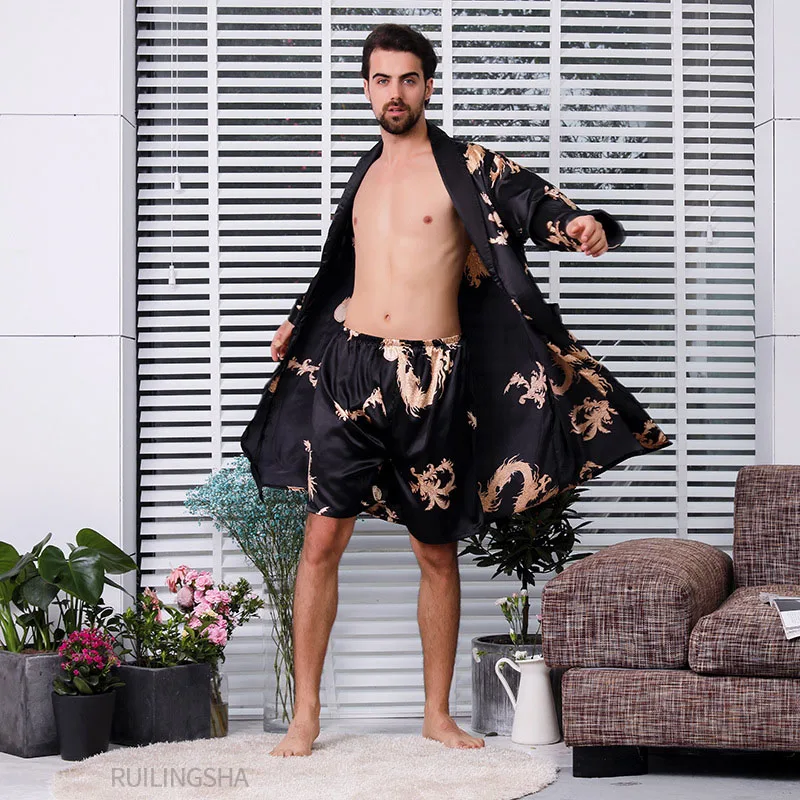 Черный костюм из двух предметов мужской шелковый халат с драконом очень большой