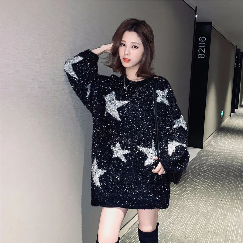 2020 spring and autumn new Korean version of the round neck star bright silk pullover black sweater women loose sweater shirt
2020 spring and autumn new Korean version of the round neck star bright silk pullover black sweater women loose sweater shirt
