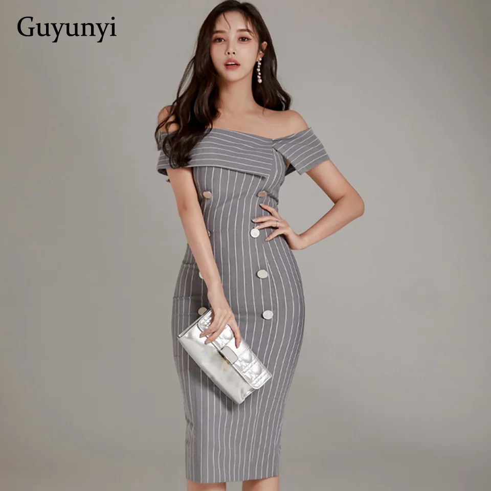 Striped High Waist Tight Dress 2022 Spring Sexy Off The Shoulder Strapless Back Decorative Double Breasted Elegant Party | Женская