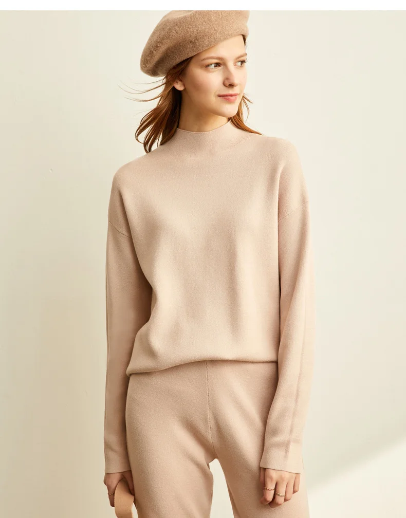 Amii minimalist Korean fashion knitting suit womens new half high neck sweater soft knit pant 11940516
