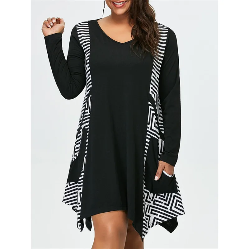 Large size Women's Striped Print Stitching Irregular V-neck Mini dress With Pocket Black Red Long Sleeve Autumn Casual Vestido
Large size Women's Striped Print Stitching Irregular V-neck Mini dress With Pocket Black Red Long Sleeve Autumn Casual Vestido