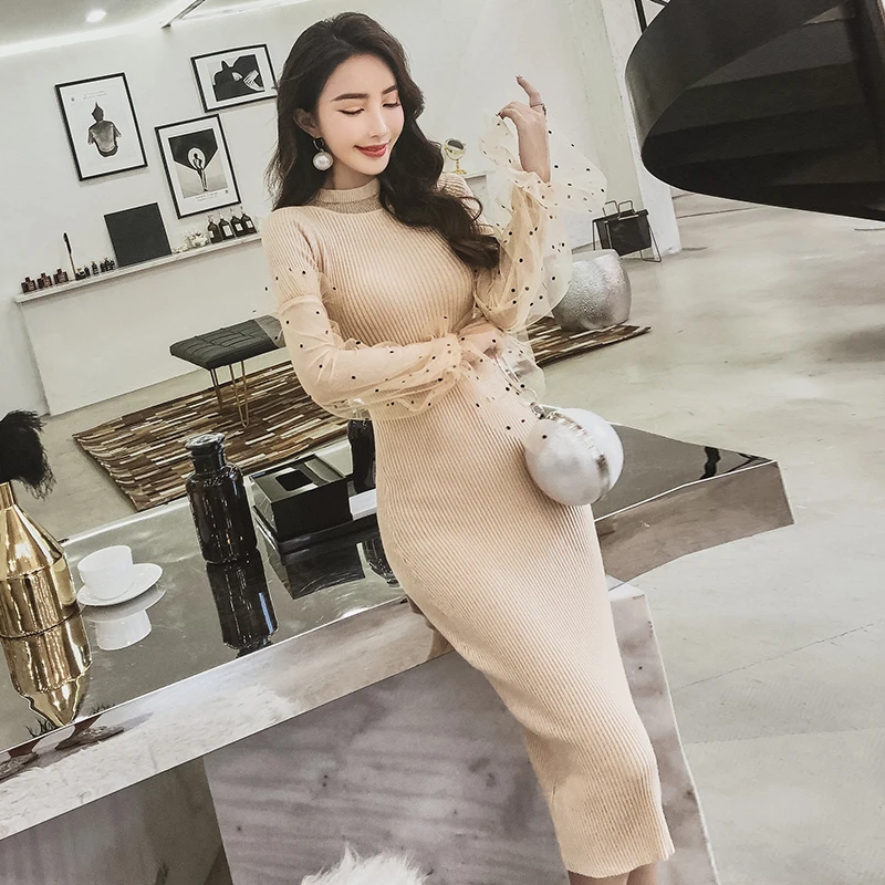 Elegant Women Knit Dress Autumn 2019 New Fashion Patchwork Dot Mesh Long Sleeve Winter Casual Sweater Knitting Dresses Vestidos
Elegant Women Knit Dress Autumn 2019 New Fashion Patchwork Dot Mesh Long Sleeve Winter Casual Sweater Knitting Dresses Vestidos