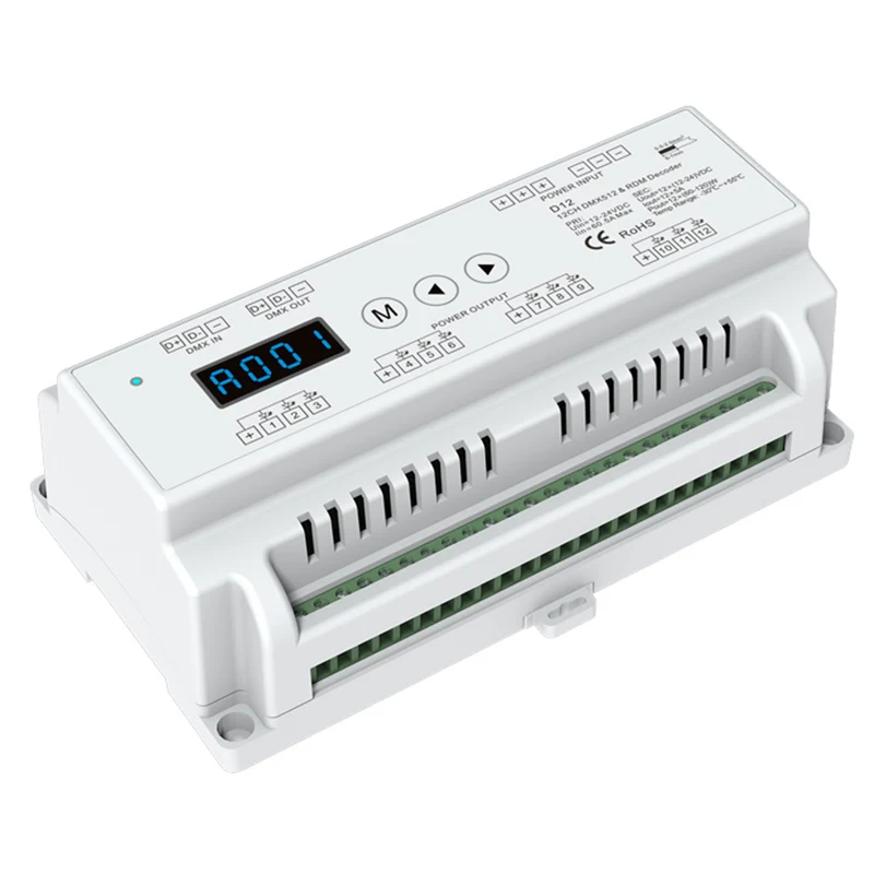 Din rail mounted 12CH CV DMX512 & RDM Decoder;12CH*5A output Numeric display RGB led strip Decoder controller DC12V-24V input
Din rail mounted 12CH CV DMX512 & RDM Decoder;12CH*5A output Numeric display RGB led strip Decoder controller DC12V-24V input