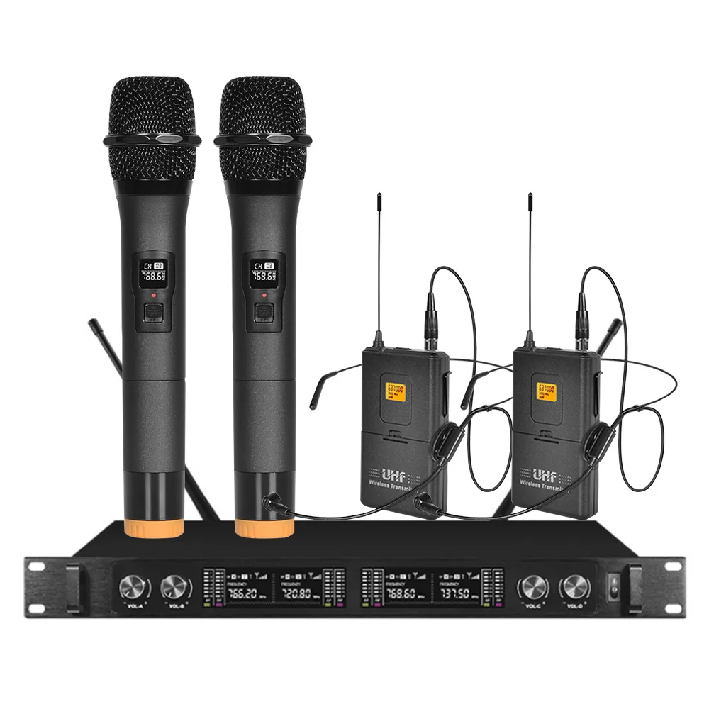Professional wireless microphone system 4-channel microphone 2 head-mounted 2 hand-held for outdoor stage performance
Professional wireless microphone system 4-channel microphone 2 head-mounted 2 hand-held for outdoor stage performance