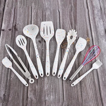 10pcs Hanging Scratch Proof Kitchen Gadgets Anti Scald Non Stick Food Tongs Silicone Cooking Utensil Set Spatula Spoon Household