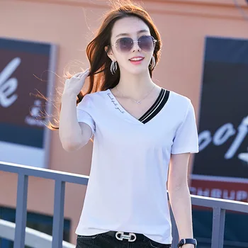 2020 WOMEN New summer T-shirt 80 pieces of mercerized cotton rib V-neck solid color T-shirt embroidered Korean women's dress
2020 WOMEN New summer T-shirt 80 pieces of mercerized cotton rib V-neck solid color T-shirt embroidered Korean women's dress