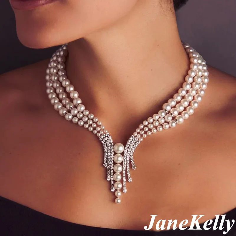 Женская трехслойная жемчужная цепочка JaneKelly ожерелье с фианитами микро-паве