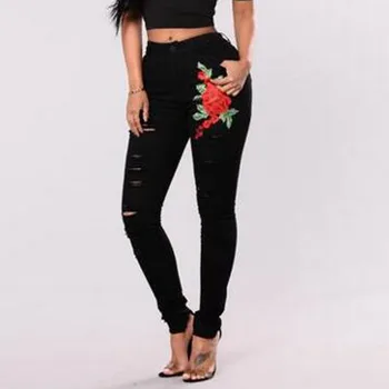 Best Selling Women Jeans Fashion Plus Size Embroidered Pocket Hole Denim Button Zipper Pants Jeans джинсы женские Wd4