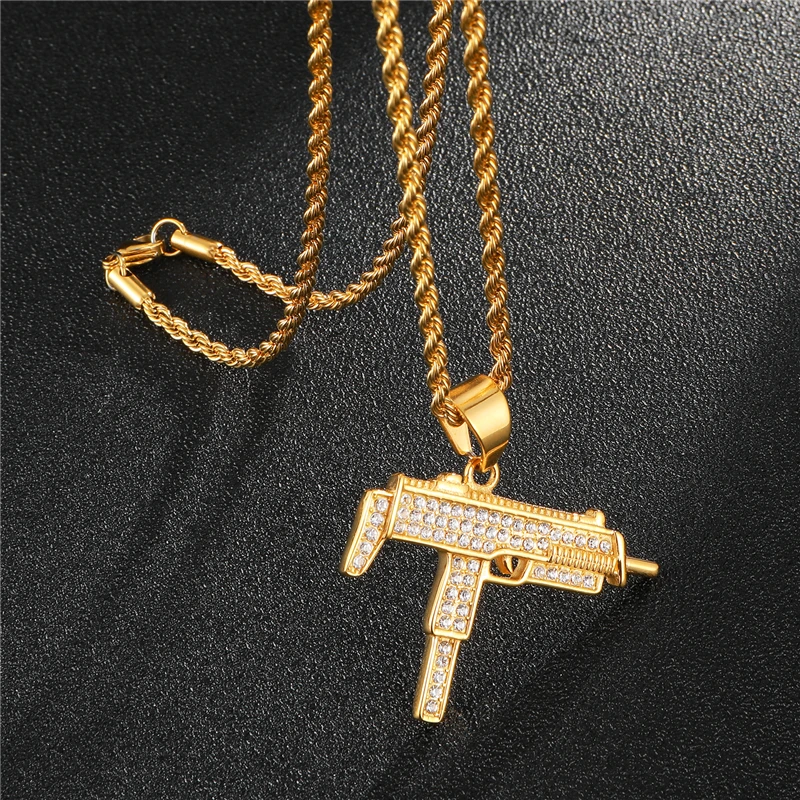 Stainless Steel UZI Gun Shape Pendant Necklace Iced Out Bilng Rhinestone Gun with Twisted Chain Collier
Stainless Steel UZI Gun Shape Pendant Necklace Iced Out Bilng Rhinestone Gun with Twisted Chain Collier