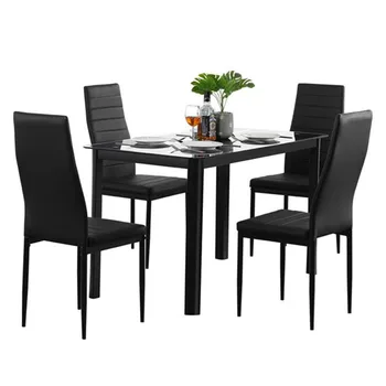 Rectangle Tempered Glass Dining Table with Nine Block Box Pattern and 4pcs Stripping Texture High Backrest Dining Chairs Black
Rectangle Tempered Glass Dining Table with Nine Block Box Pattern and 4pcs Stripping Texture High Backrest Dining Chairs Black