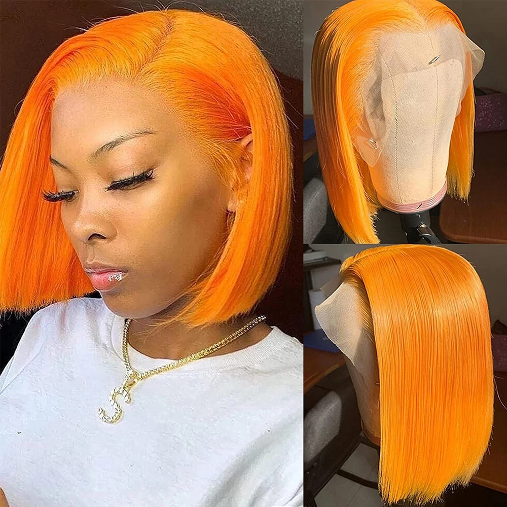 

Orange Ginger Short Straight Bob Wig Lace Front Human Hair Wigs Pre Plucked 13X4 HD Transparent Lace Frontal Wig 180% Remy