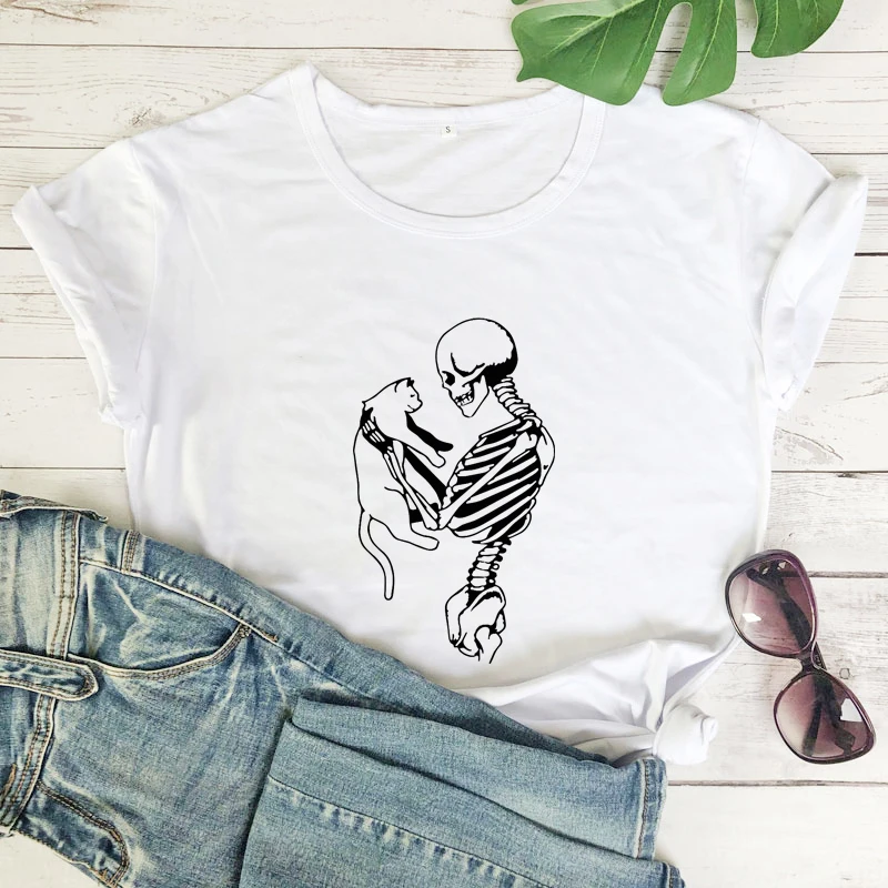 

Aesthetic Skeleton And Cat T-shirt Funny Cat Mom Gift Tshirt Spooky Skull Goth Tee Shirt Top