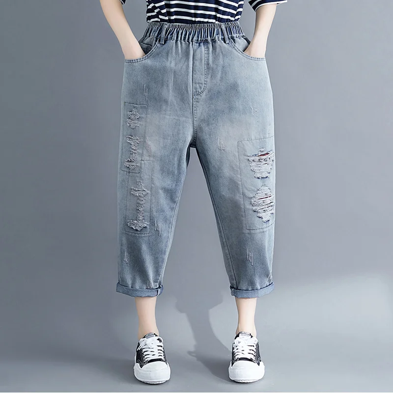 Plus Size Summer Ripped Jeans for Women High Elastic Waist Wide Leg Jeans Womens Trousers Loose Hole Cotton Denim Pants Trousers
Plus Size Summer Ripped Jeans for Women High Elastic Waist Wide Leg Jeans Womens Trousers Loose Hole Cotton Denim Pants Trousers