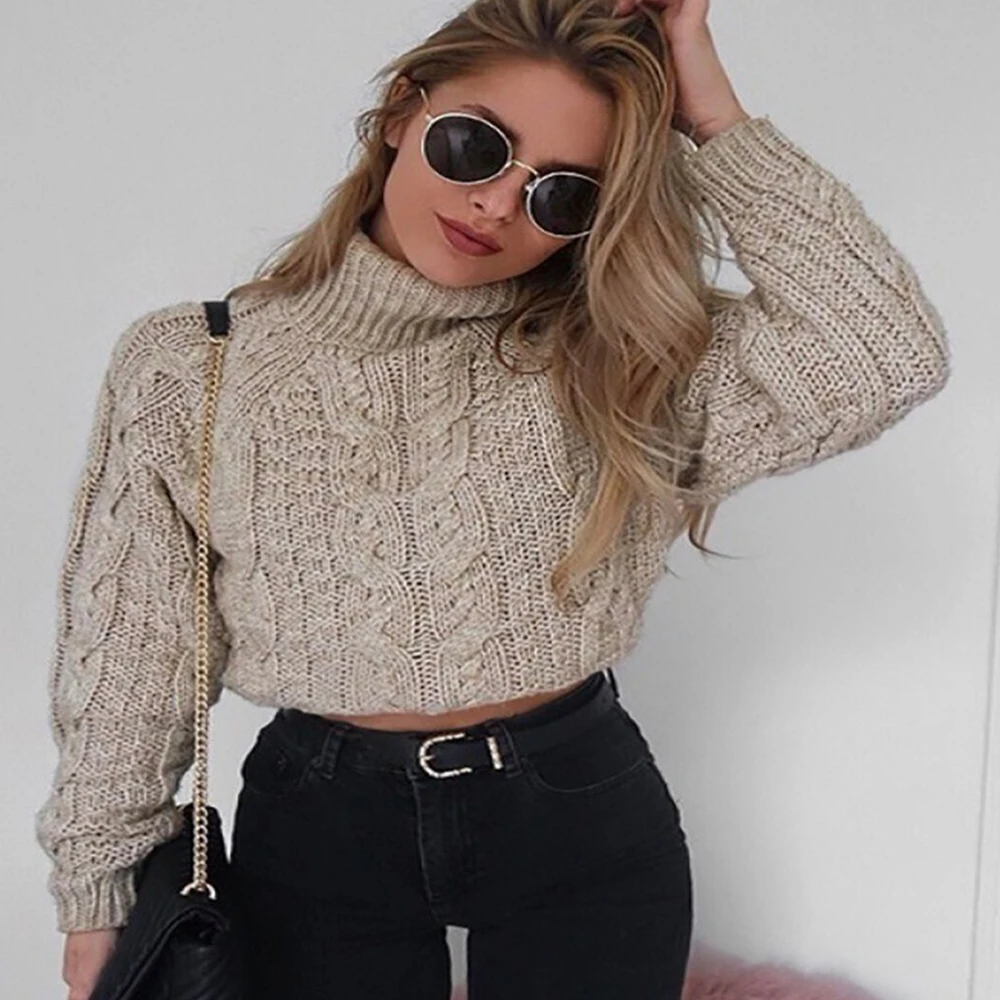 2019 Casual Knitted Short Women Turtleneck Sweater Women's Jumper Solid High Collar Pullover Autumn Winter Ribbed Female | Женская