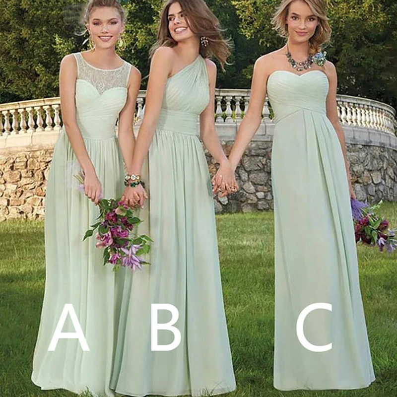 

2024 A-Line Chiffon Mint Green Bridesmaid Dresses Sleeveless O-Neck/One Shoulder/Strapless Floor-Length For Wedding Guest Gown