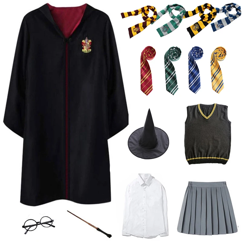 

Potter Cosplay Costume Clothes Potter Magic Outfits Cloak Robe Cape With Tie Scarf Wand Accessories Halloween Costume Party Prop