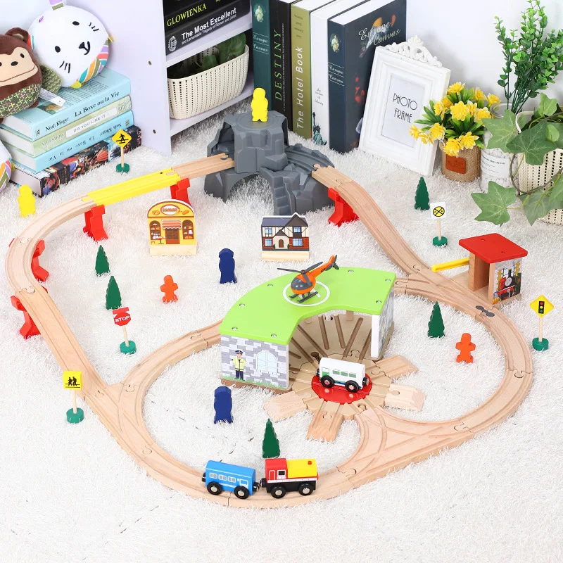 Large Garage Cave Wooden Train Track Set Rail Car Toy Compatible with Wooden Railway and Electric Magnetic Trains Toys for Boy
