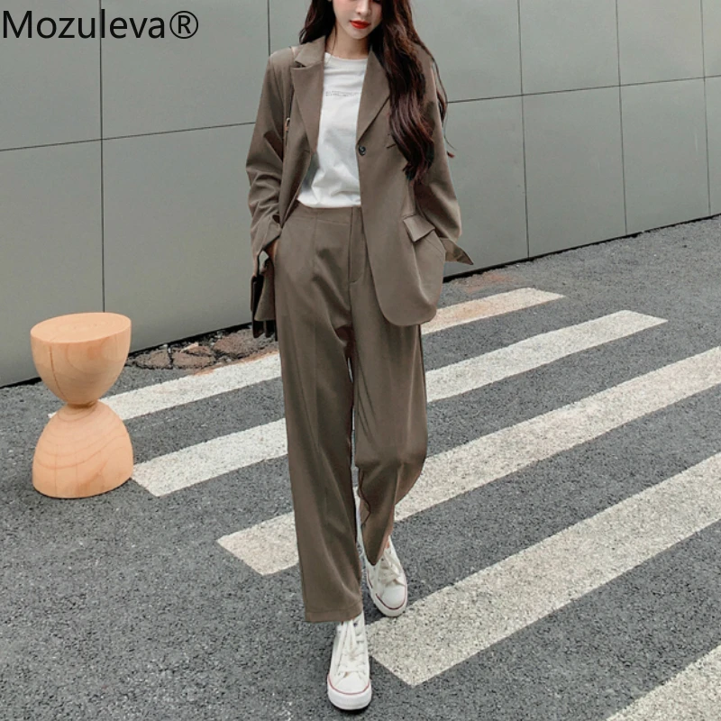 Фото Mozuleva 2020 Notch Collar Single-button Women Slim OL Blazer&ampHigh Waist Pockets Straight Suit Pants Two Pieces Business Suits | Женская